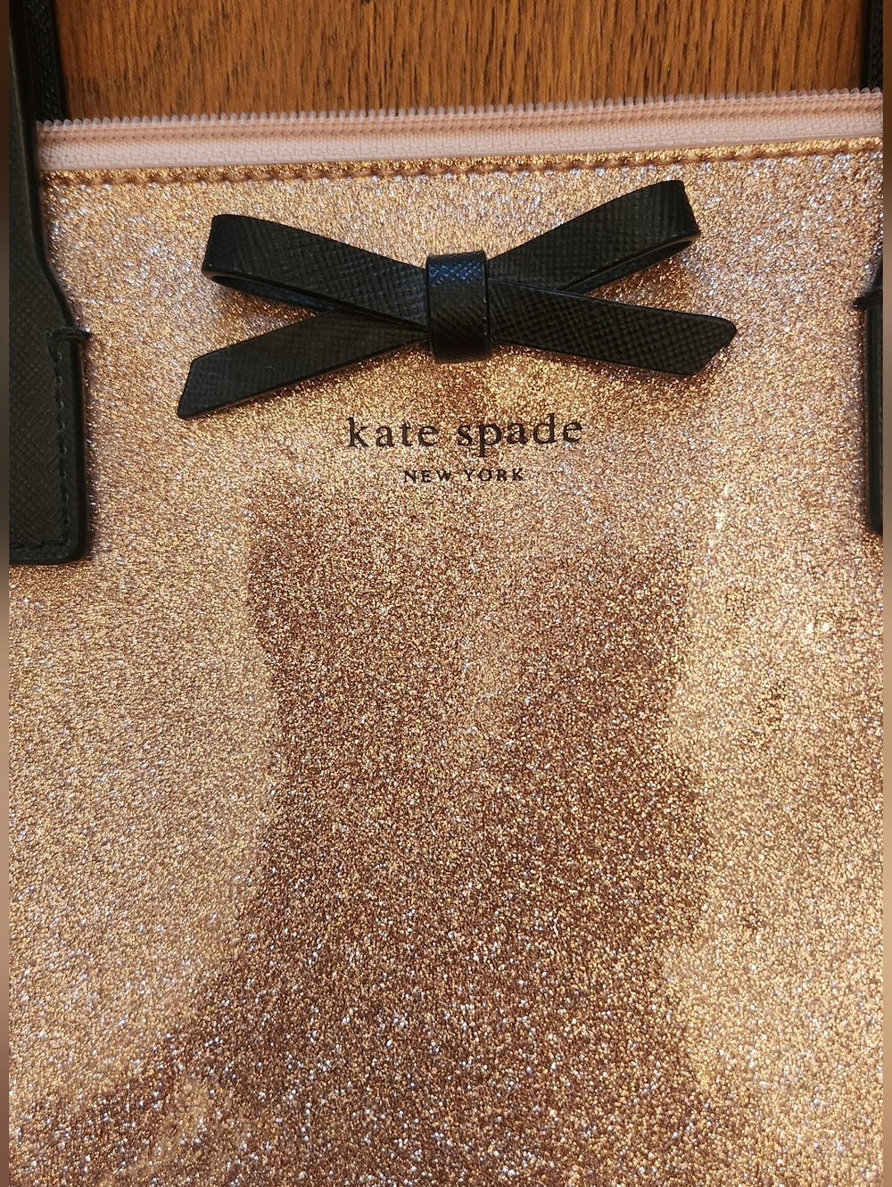 kate spade Rose Gold Glitter Tote with Black Handles NWOT - Picture 4 of 10